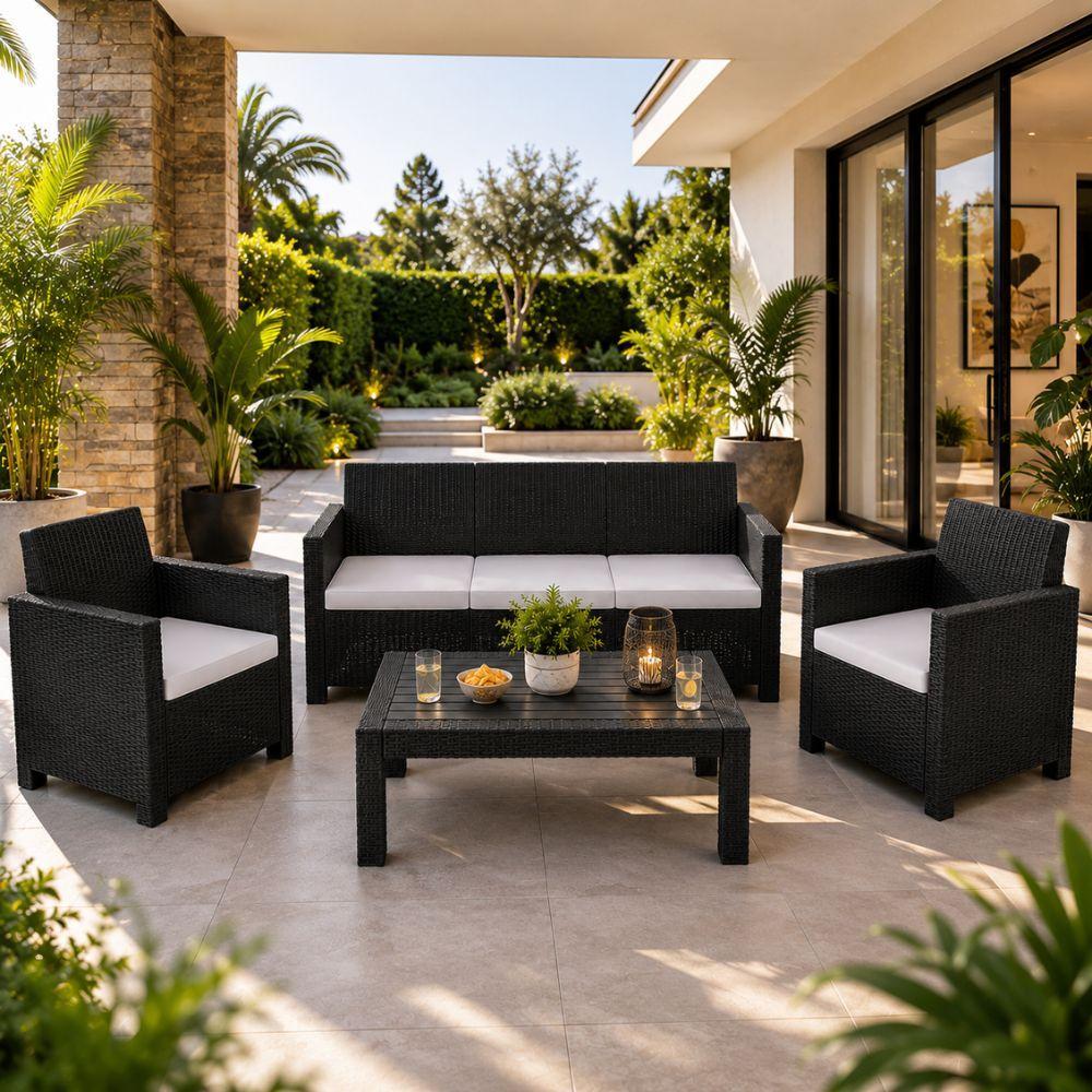  set salotto da giardino esterno 5 posti effetto rattan antracite con tavolino e cuscini - foto 4
