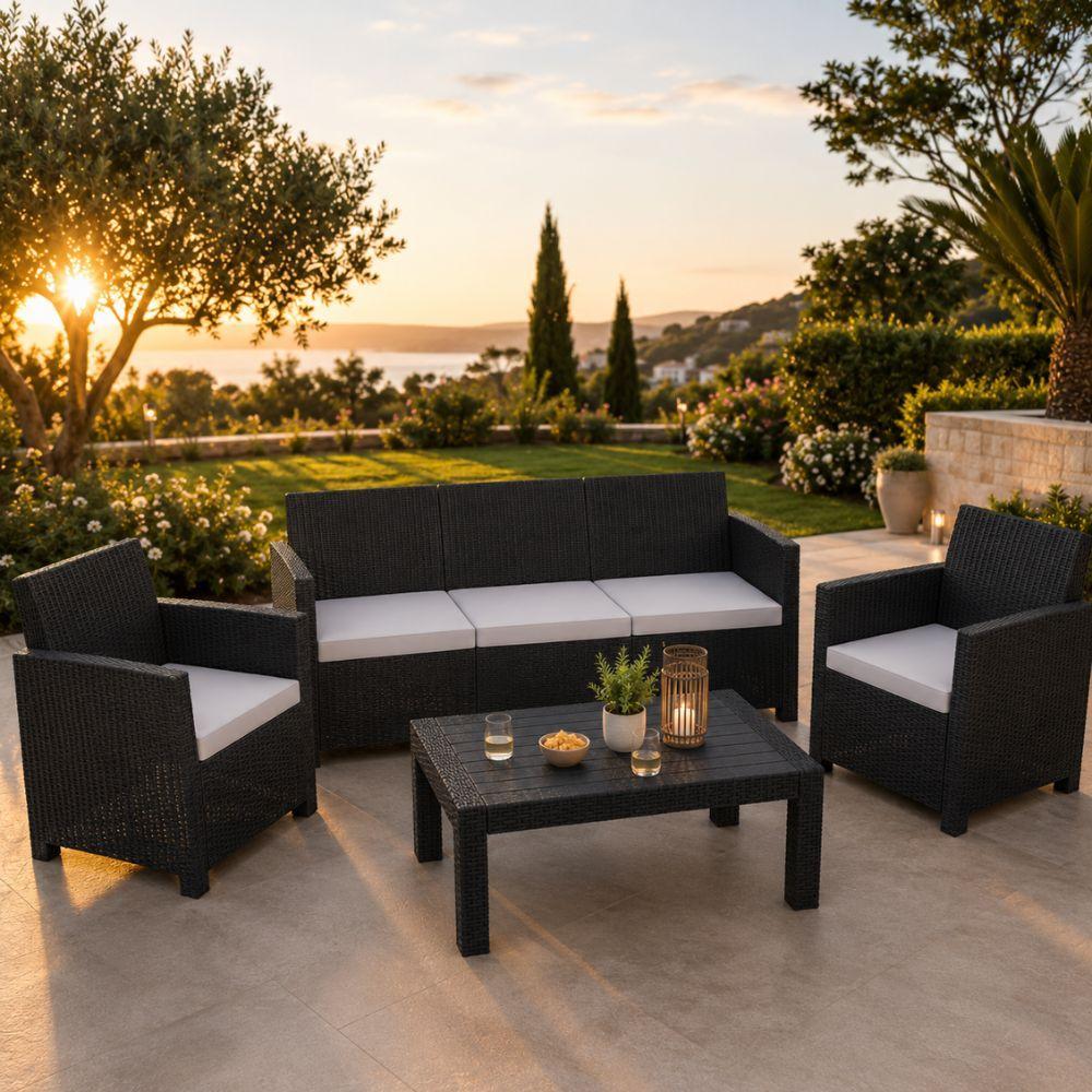  set salotto da giardino esterno 5 posti effetto rattan antracite con tavolino e cuscini - foto 5