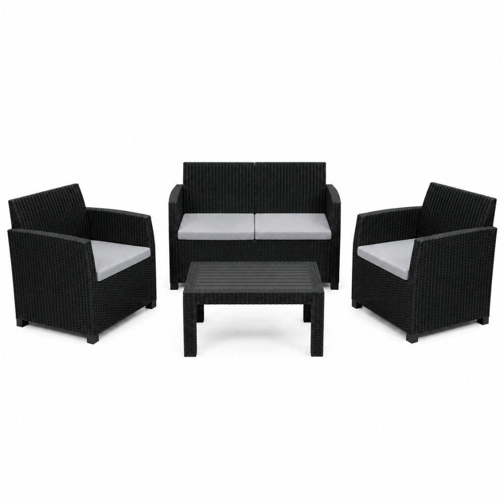  set salotto da giardino esterno effetto rattan antracite 4 pezzi con tavolino e cuscini - foto 1