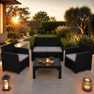 Set salotto da giardino esterno effetto rattan antracite 4 pezzi con tavolino e cuscini