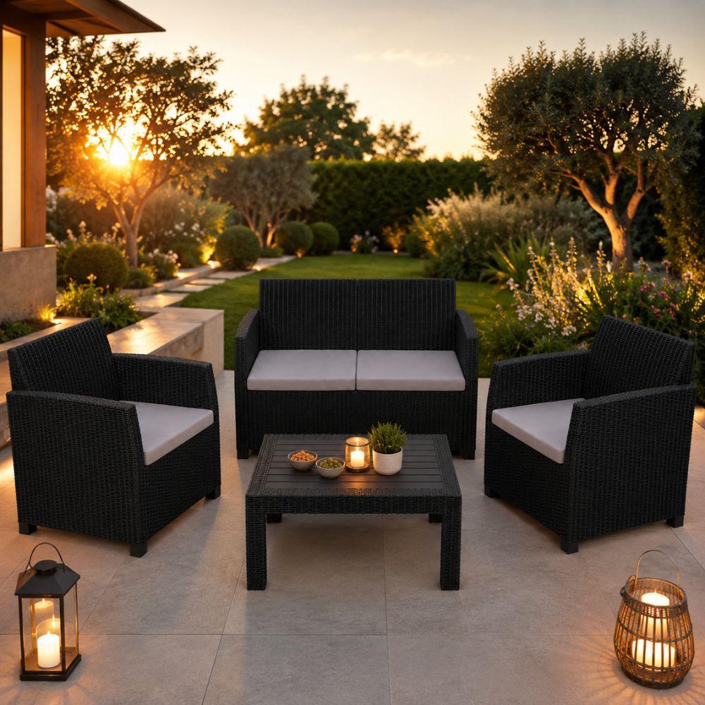  set salotto da giardino esterno effetto rattan antracite 4 pezzi con tavolino e cuscini - foto 2