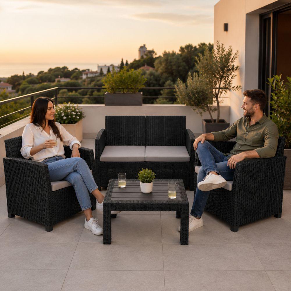  set salotto da giardino esterno effetto rattan antracite 4 pezzi con tavolino e cuscini - foto 3