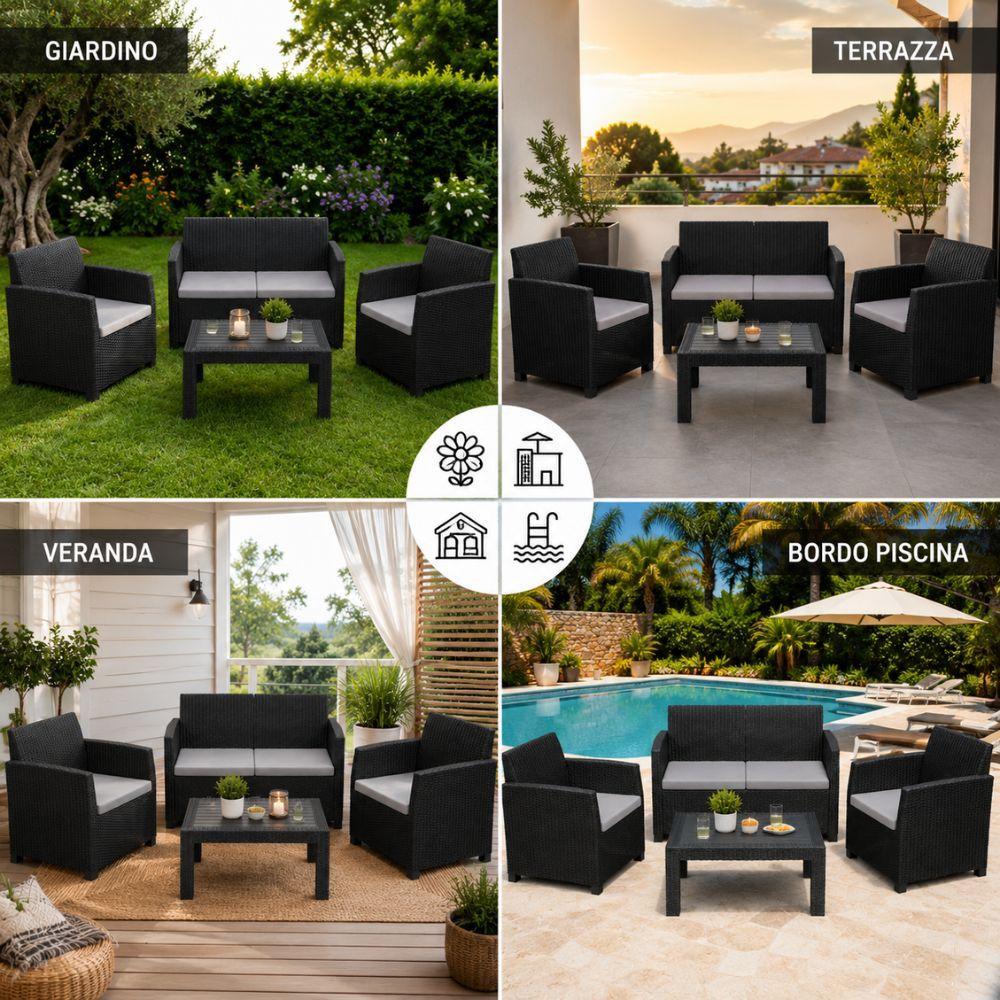  set salotto da giardino esterno effetto rattan antracite 4 pezzi con tavolino e cuscini - foto 4