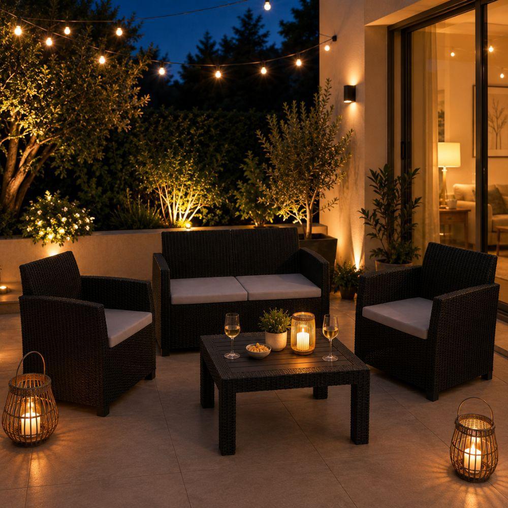  set salotto da giardino esterno effetto rattan antracite 4 pezzi con tavolino e cuscini - foto 5