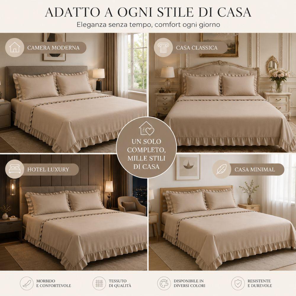  completo letto matrimoniale volant elegante con balze set lenzuola 4 pezzi - foto 5