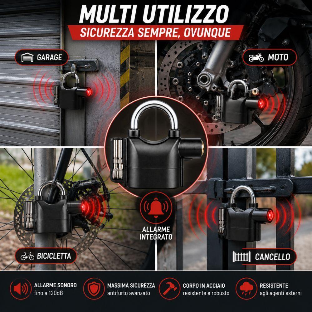  lucchetto allarmato antifurto 70mm con allarme sonoro per moto bici garage cancello - foto 3