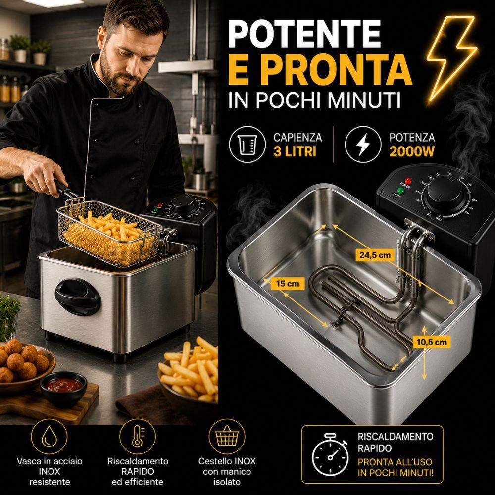  friggitrice ad olio elettrica professionale in acciaio inox con termostato regolabile e cestello removibile - foto 3