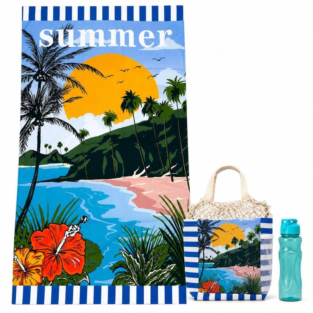 set mare 3 pezzi telo mare maxi + borsa porta telo + borraccia riutilizzabile - foto 1