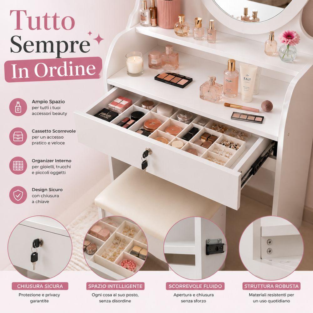  toeletta vanity con specchio e sgabello – tavolo trucco porta cosmetici - foto 4