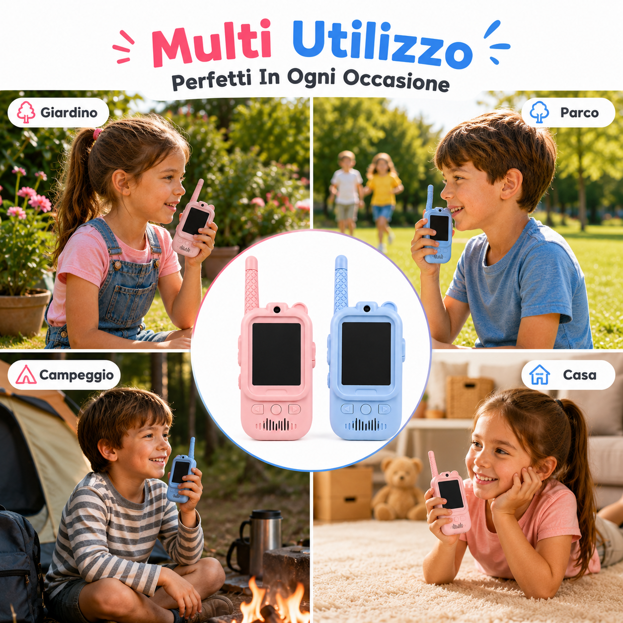  walkie talkie bambini ricaricabile con schermo comunicazione bidirezionale portata fino a 300 metri celeste rosa - foto 4
