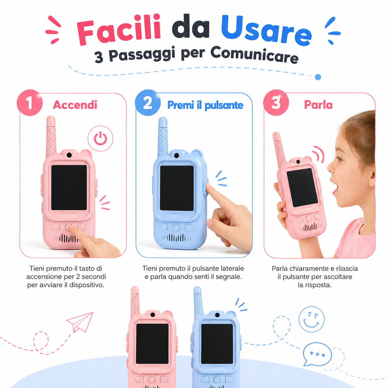  walkie talkie bambini ricaricabile con schermo comunicazione bidirezionale portata fino a 300 metri celeste rosa - foto 5