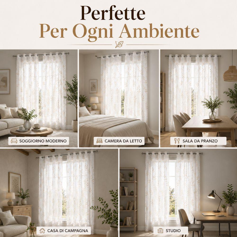  coppia tende semitrasparenti 140x290 cm con 8 anelli fantasia foglie - foto 2