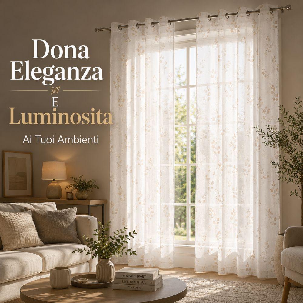  coppia tende semitrasparenti 140x290 cm con 8 anelli fantasia foglie - foto 3