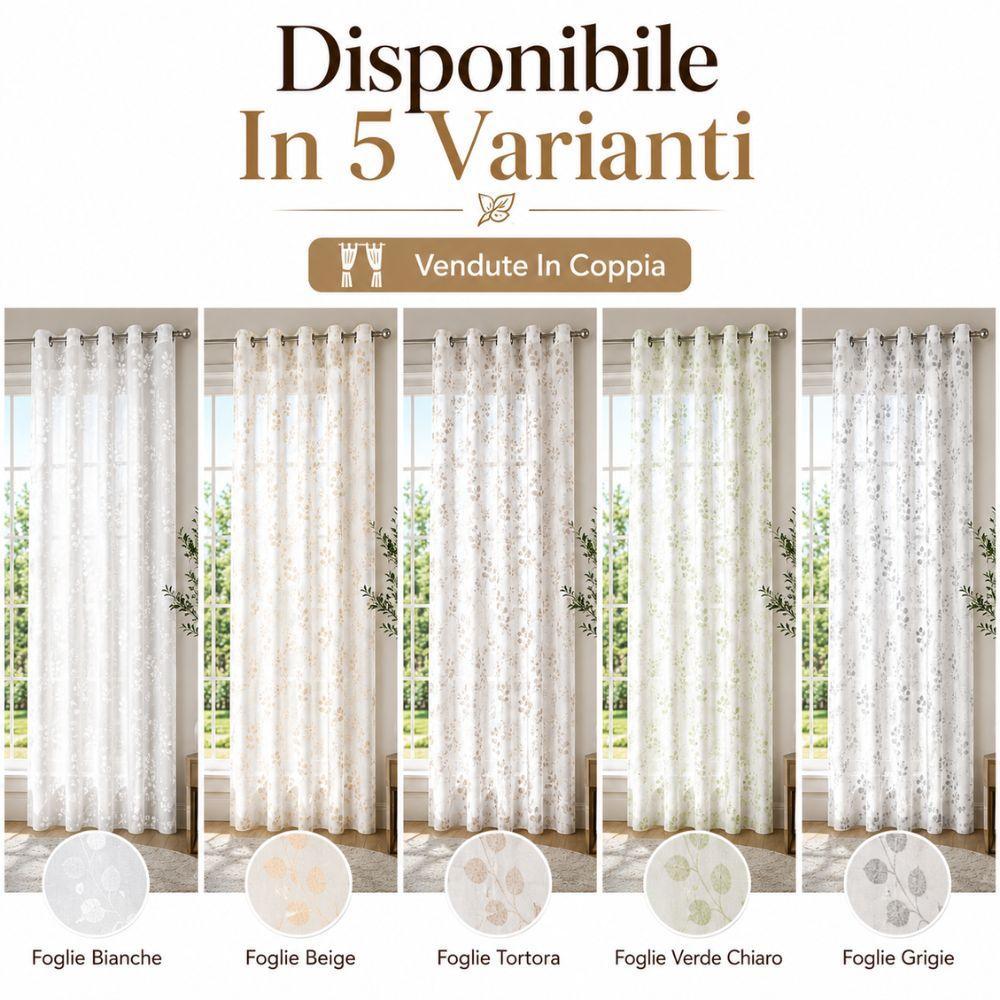  coppia tende semitrasparenti 140x290 cm con 8 anelli fantasia foglie - foto 4
