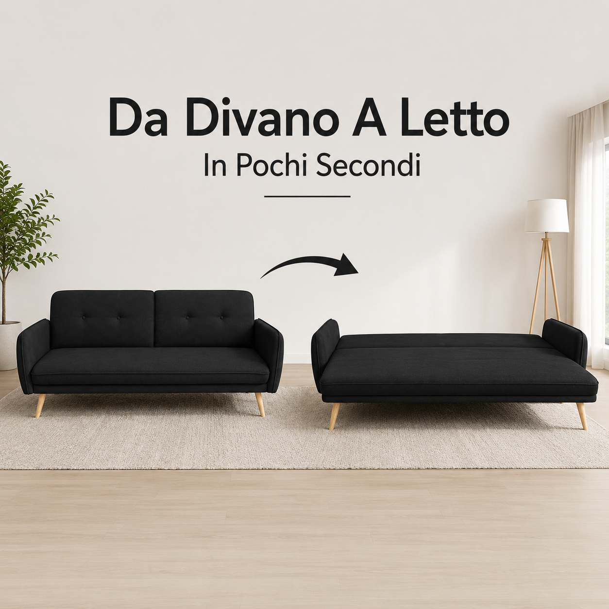  divano letto 3 posti moderno in tessuto nero con piedini in legno - foto 3