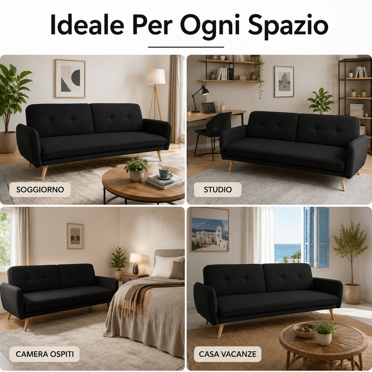  divano letto 3 posti moderno in tessuto nero con piedini in legno - foto 4