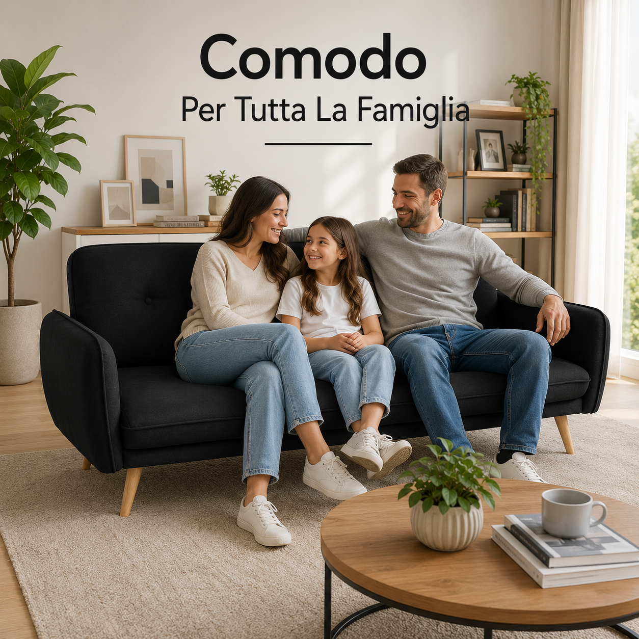  divano letto 3 posti moderno in tessuto nero con piedini in legno - foto 5