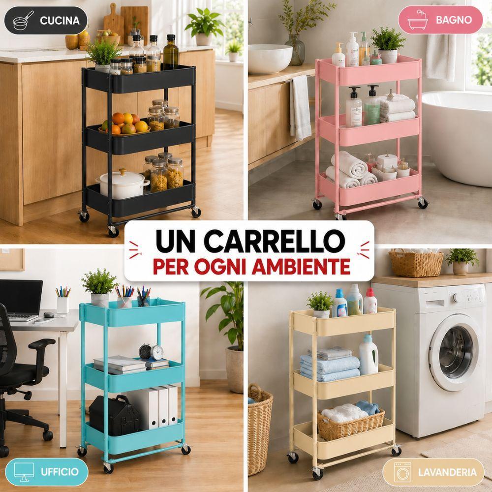  carrello multiuso pieghevole in metallo 3 ripiani con ruote 47x41x78 cm - foto 2