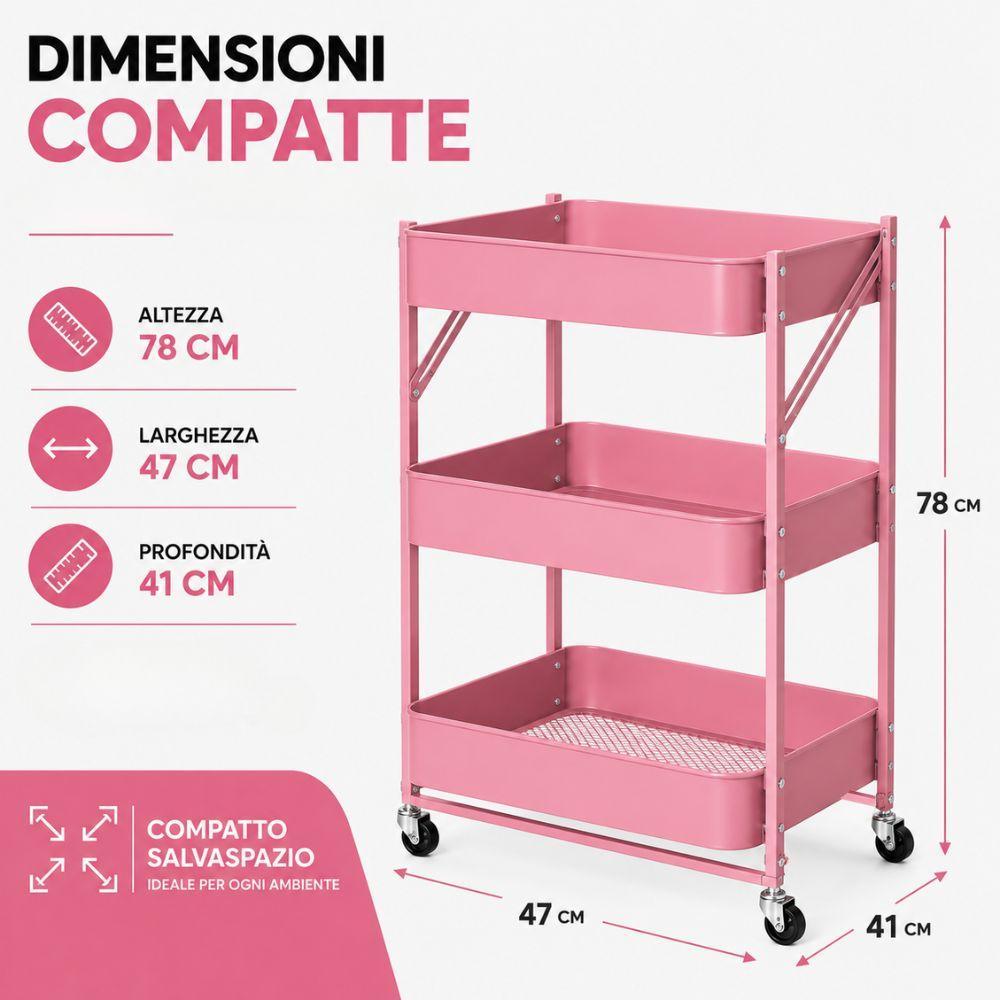  carrello multiuso pieghevole in metallo 3 ripiani con ruote 47x41x78 cm - foto 3