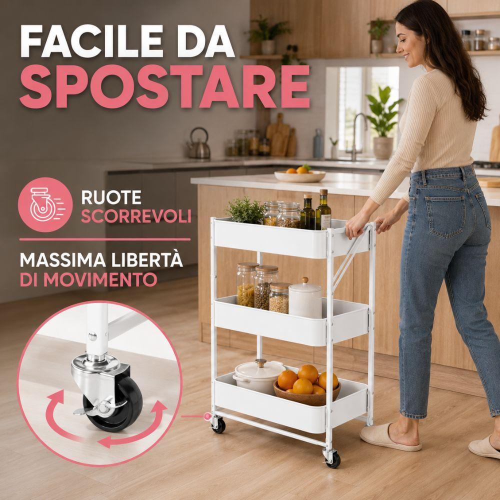  carrello multiuso pieghevole in metallo 3 ripiani con ruote 47x41x78 cm - foto 5