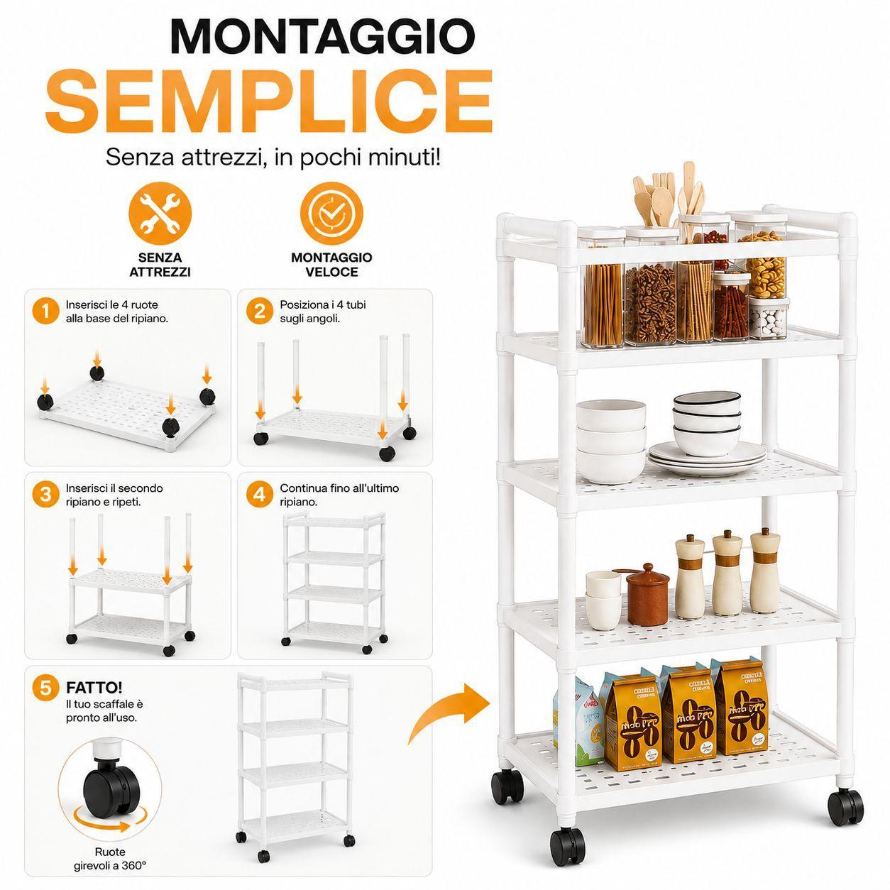 scaffale multiuso a 4 ripiani con rotelle portaoggetti salvaspazio in plastica resistente - foto 3 scaffale multiuso a 4 ripiani con rotelle portaoggetti salvaspazio in plastica resistente - foto 3