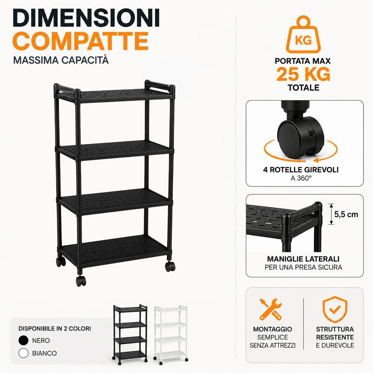 scaffale multiuso a 4 ripiani con rotelle portaoggetti salvaspazio in plastica resistente - foto 4 scaffale multiuso a 4 ripiani con rotelle portaoggetti salvaspazio in plastica resistente - foto 4