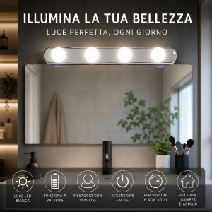 Lampada led per specchio con 4 luci a batterie e fissaggio con ventose