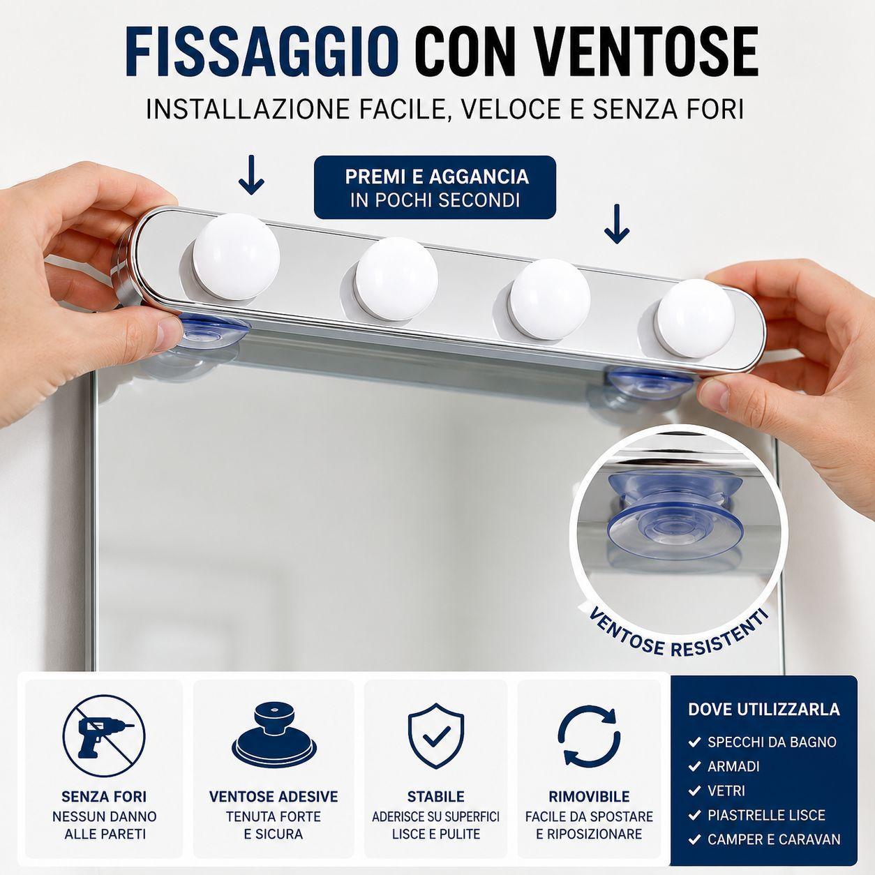 lampada led per specchio con 4 luci a batterie e fissaggio con ventose - foto 3 lampada led per specchio con 4 luci a batterie e fissaggio con ventose - foto 3