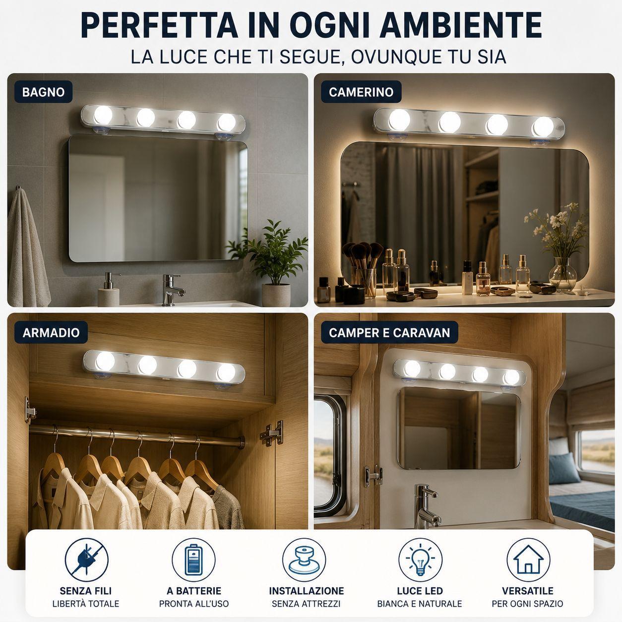 lampada led per specchio con 4 luci a batterie e fissaggio con ventose - foto 4 lampada led per specchio con 4 luci a batterie e fissaggio con ventose - foto 4