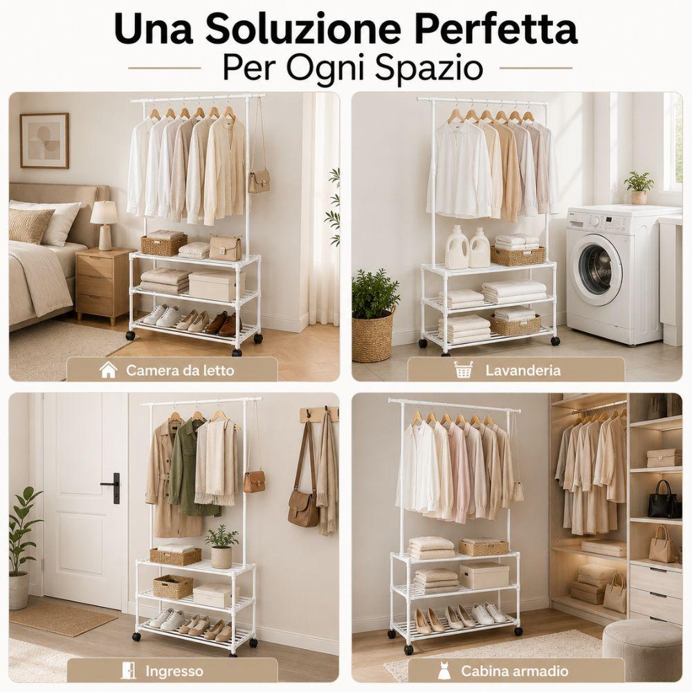  appendiabiti con 3 ripiani e rotelle salvaspazio 98x35x164 cm - foto 4