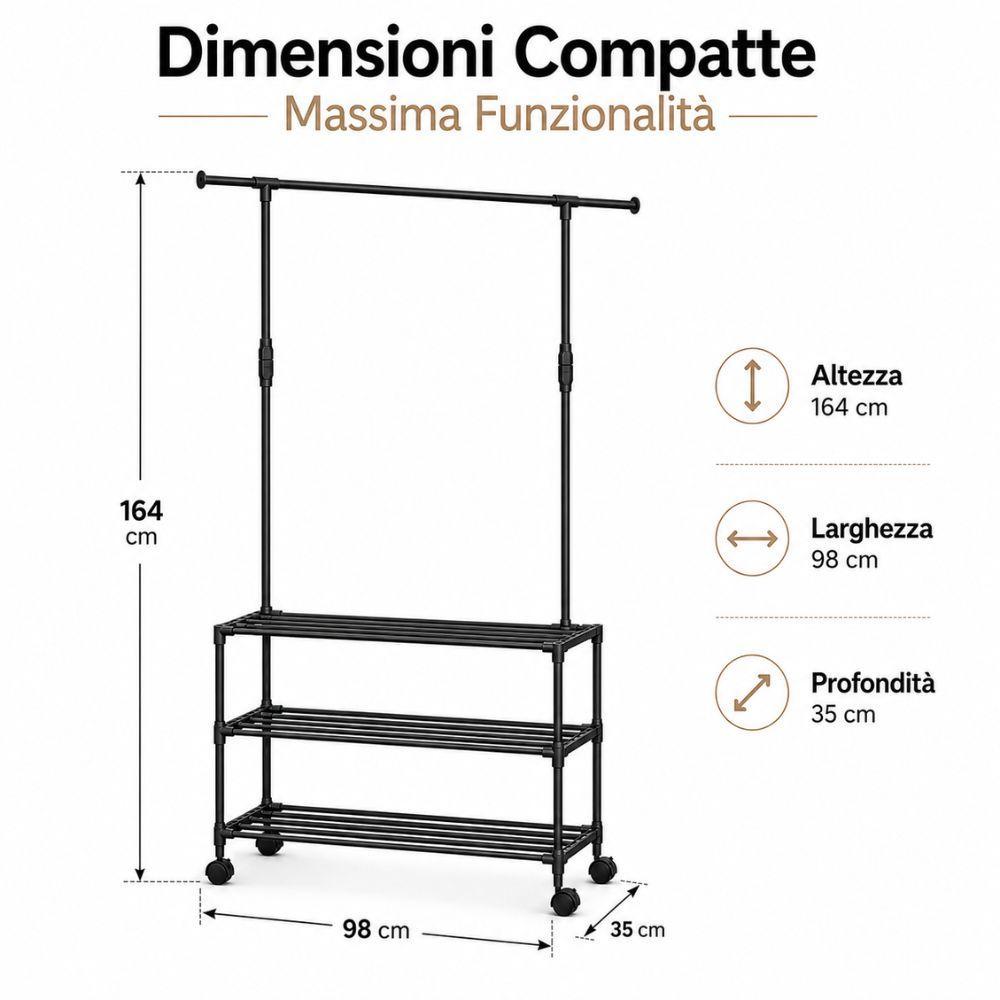  appendiabiti con 3 ripiani e rotelle salvaspazio 98x35x164 cm - foto 5