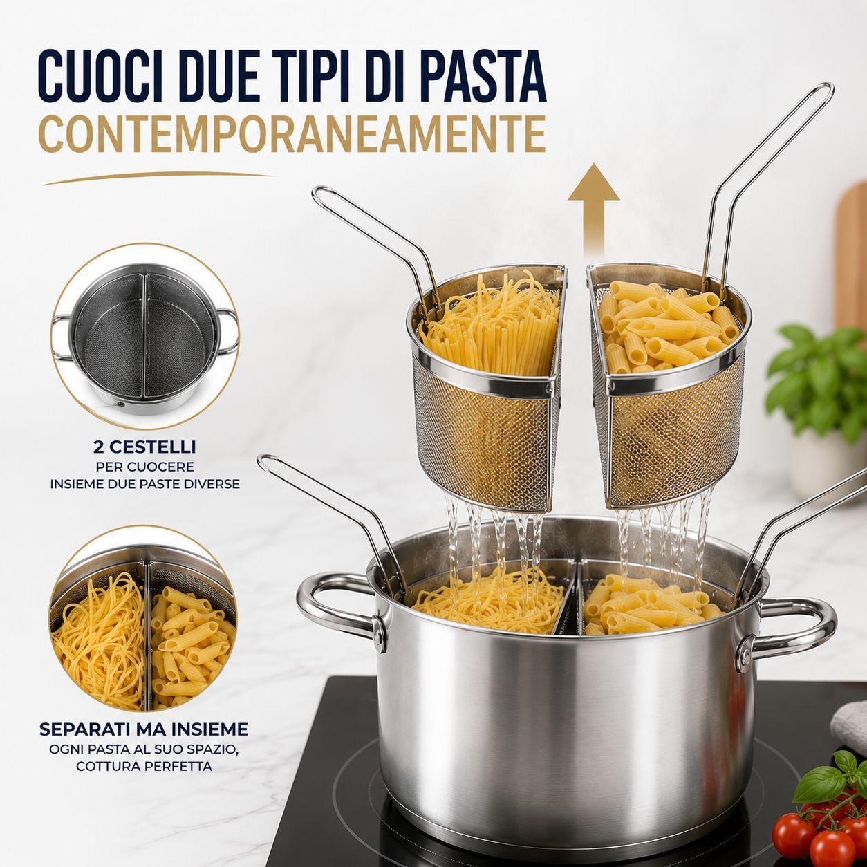  pentola bollipasta con 2 cestelli e coperchio in vetro acciaio inox - foto 5