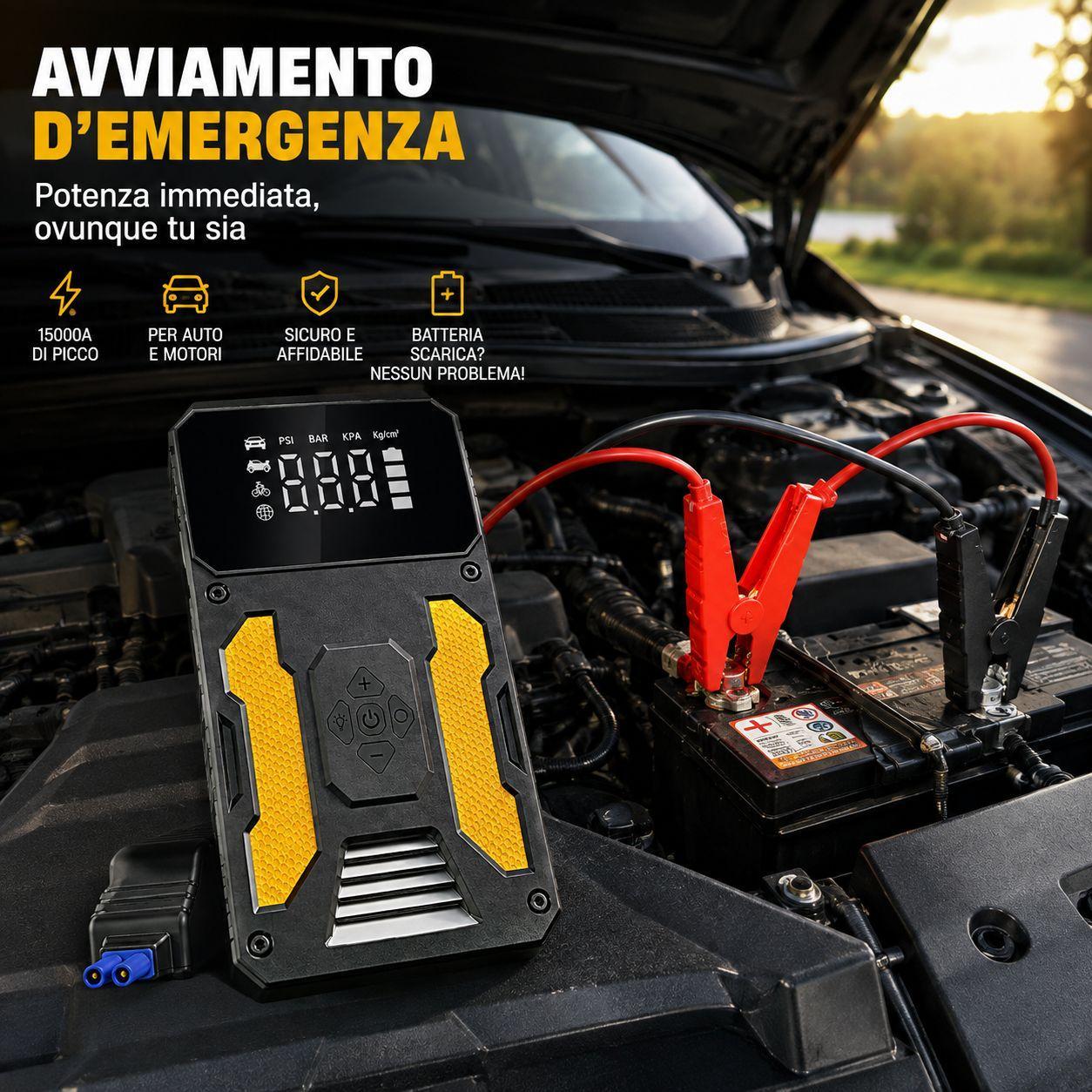  avviatore di emergenza auto portatile con power bank display digitale e torcia led e pinze per batteria - foto 2