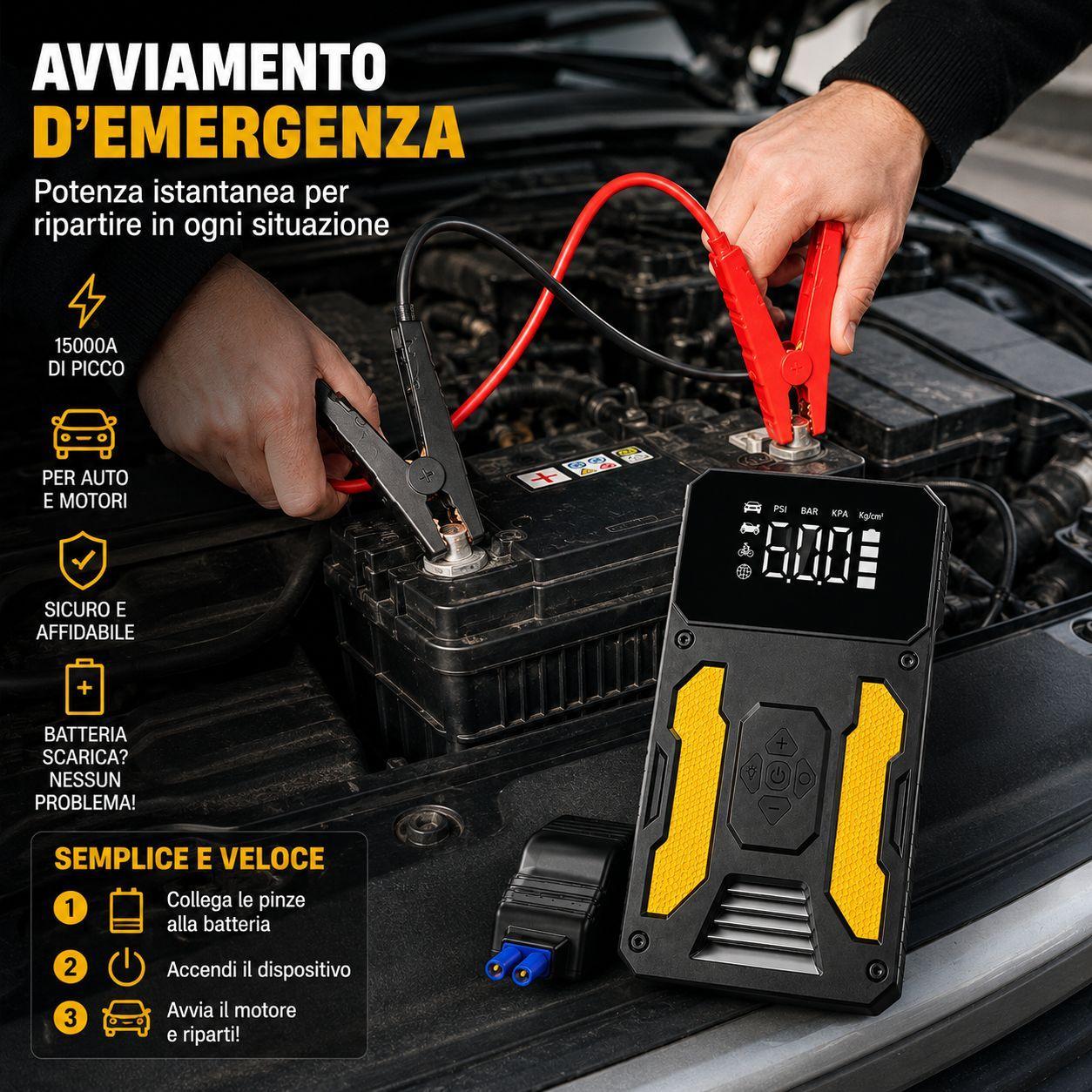  avviatore di emergenza auto portatile con power bank display digitale e torcia led e pinze per batteria - foto 3