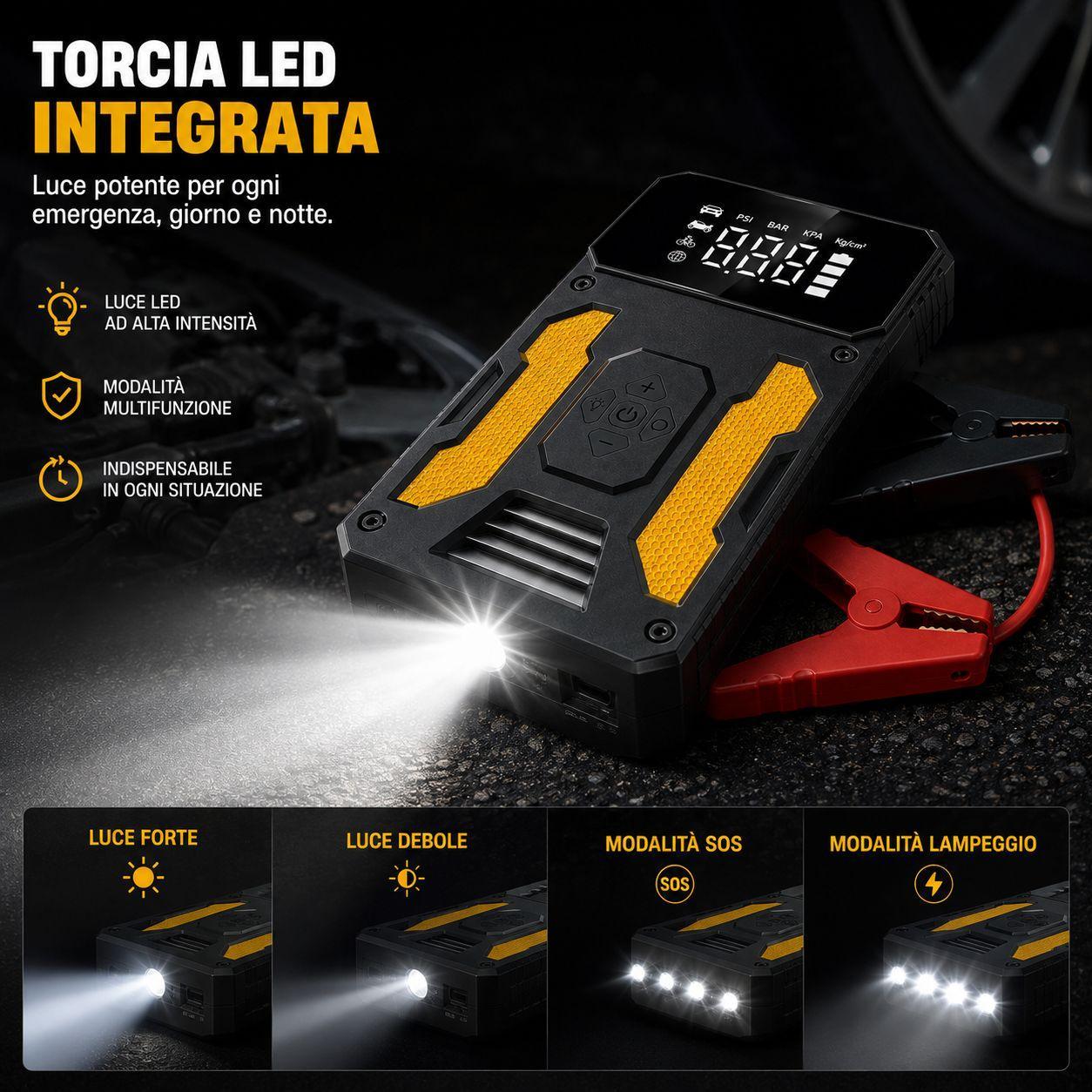  avviatore di emergenza auto portatile con power bank display digitale e torcia led e pinze per batteria - foto 5