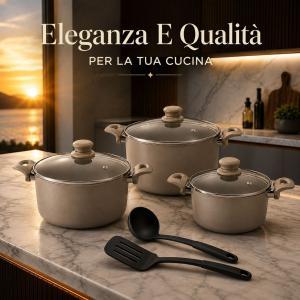 Set pentole 8 pezzi antiaderenti con coperchi in vetro paletta e mestolo