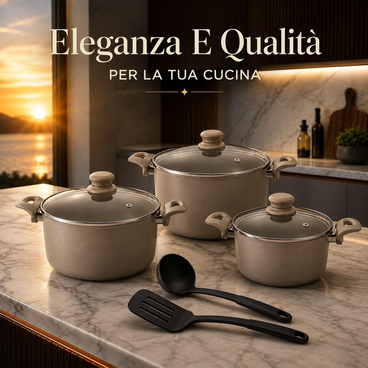  set pentole 8 pezzi antiaderenti con coperchi in vetro paletta e mestolo - foto 2