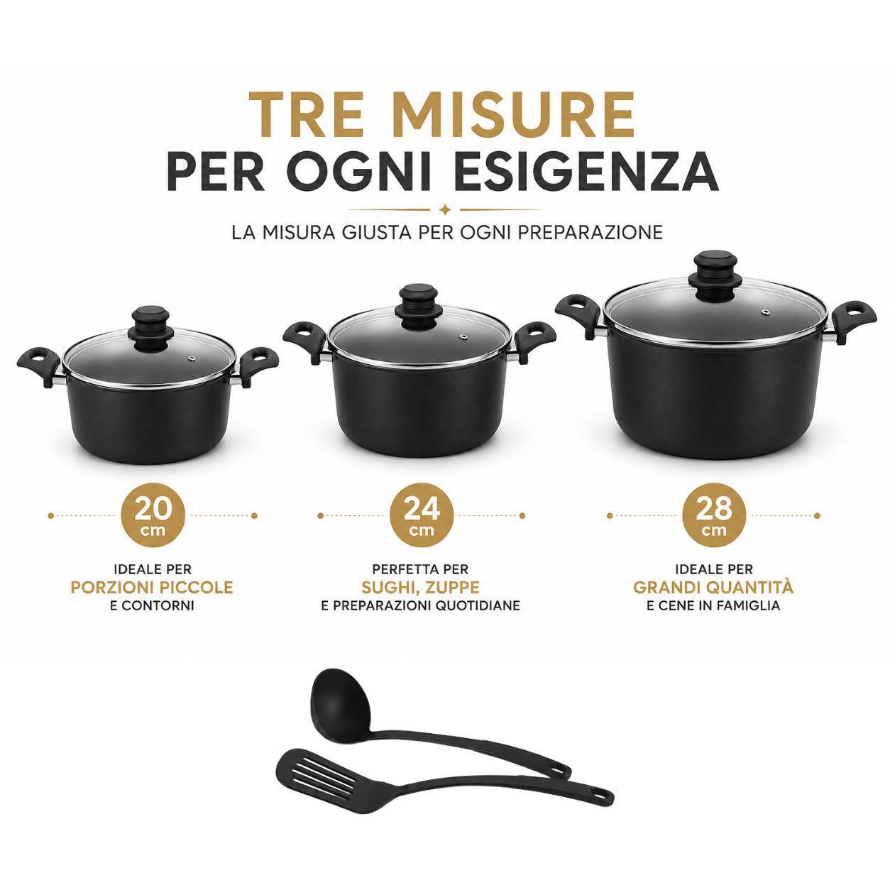  set pentole 8 pezzi antiaderenti con coperchi in vetro paletta e mestolo - foto 3