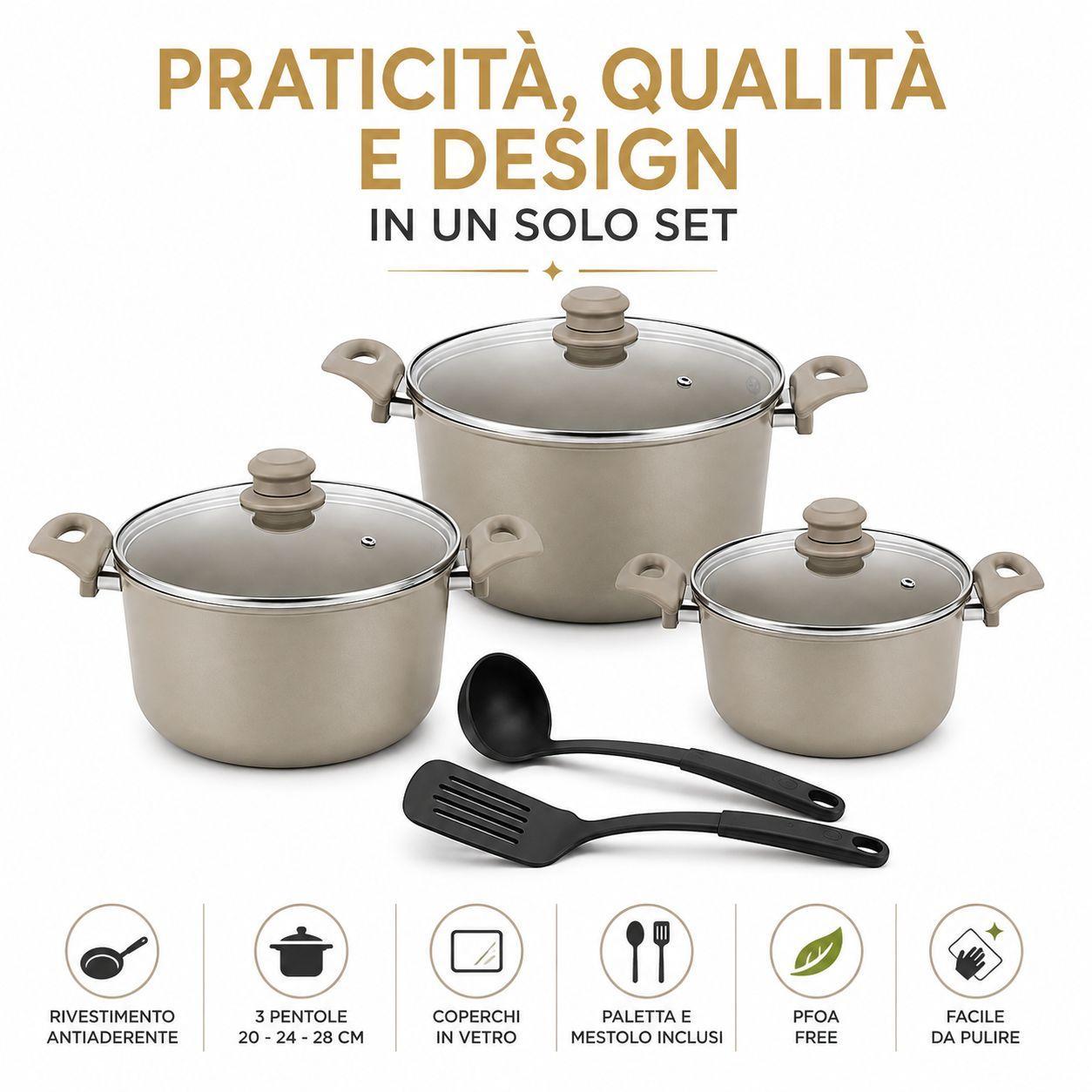  set pentole 8 pezzi antiaderenti con coperchi in vetro paletta e mestolo - foto 4