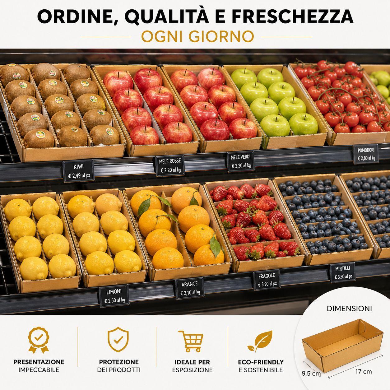  vaschette in cartone ondulato 17×9.5 cm per alimenti e ortofrutta  confezione da 275 pezzi (5 pacchi da 55) - foto 5