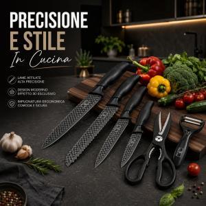 Set coltelli da cucina 6 pezzi con lame texturizzate, forbici e pelapatate