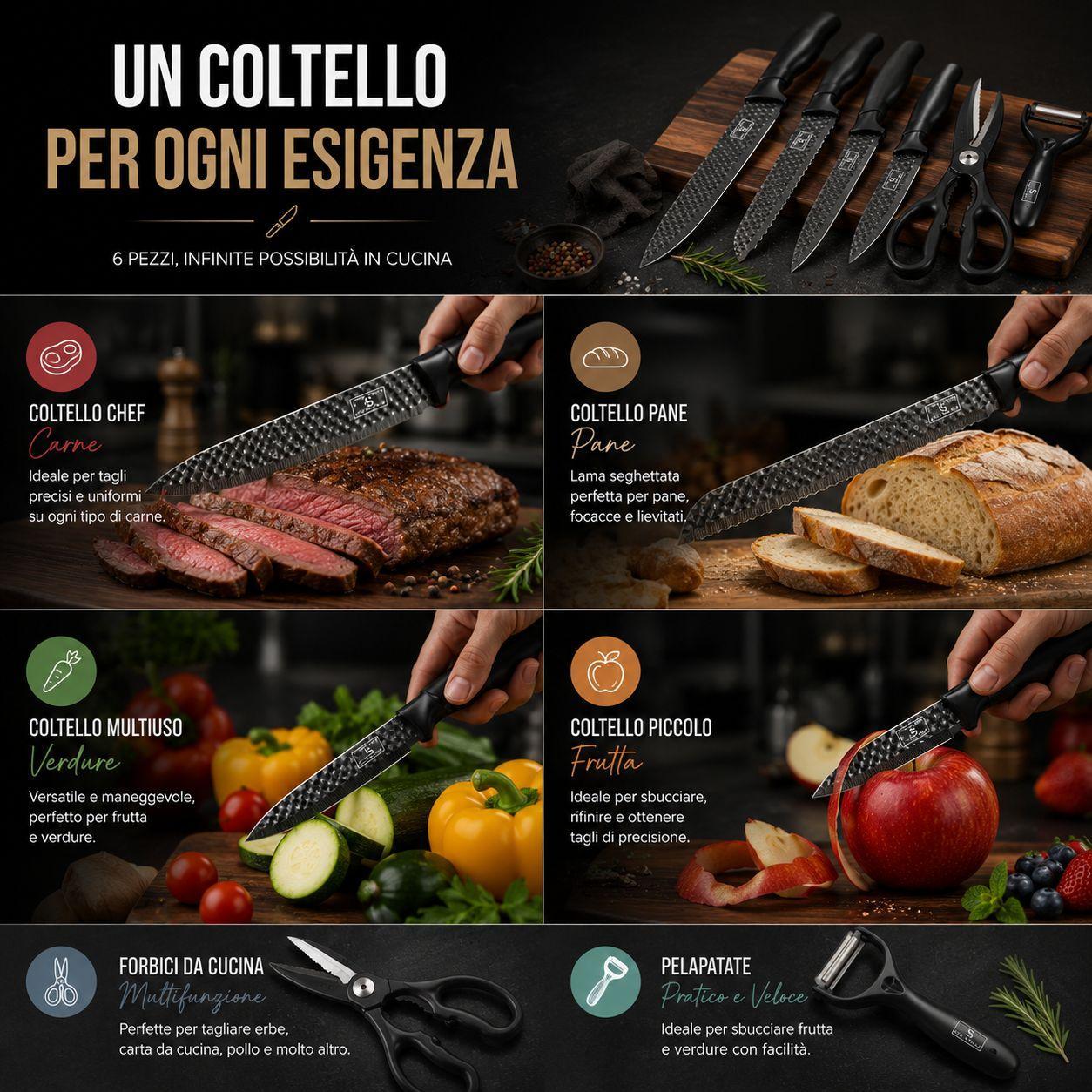 set coltelli da cucina 6 pezzi con lame texturizzate, forbici e pelapatate - foto 3 set coltelli da cucina 6 pezzi con lame texturizzate, forbici e pelapatate - foto 3