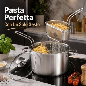 Pentola in acciaio inox con 2 cestelli semicircolari e coperchio in vetro  cuocipasta scolapasta 20/24/28 cm