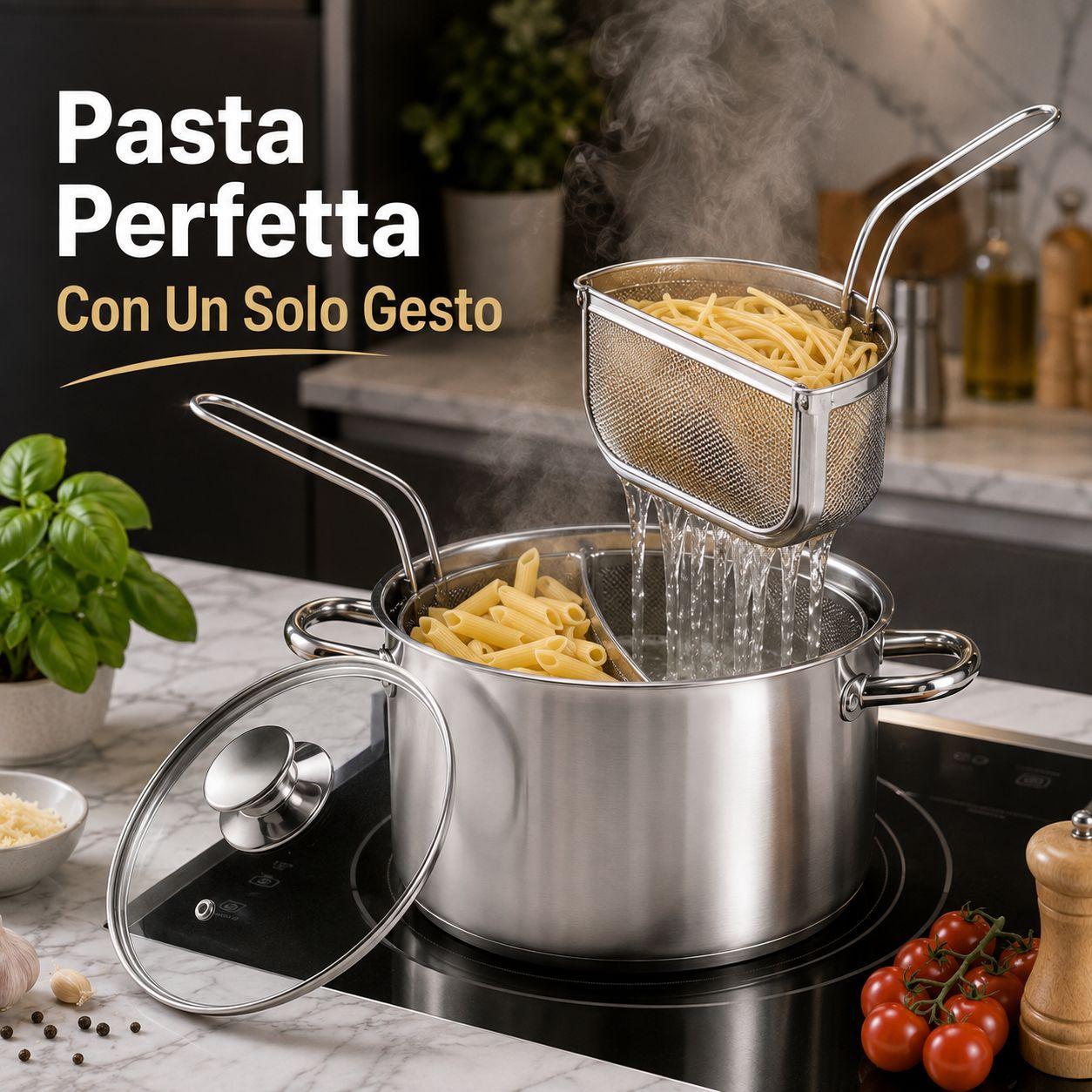  pentola in acciaio inox con 2 cestelli semicircolari e coperchio in vetro  cuocipasta scolapasta 20/24/28 cm - foto 2