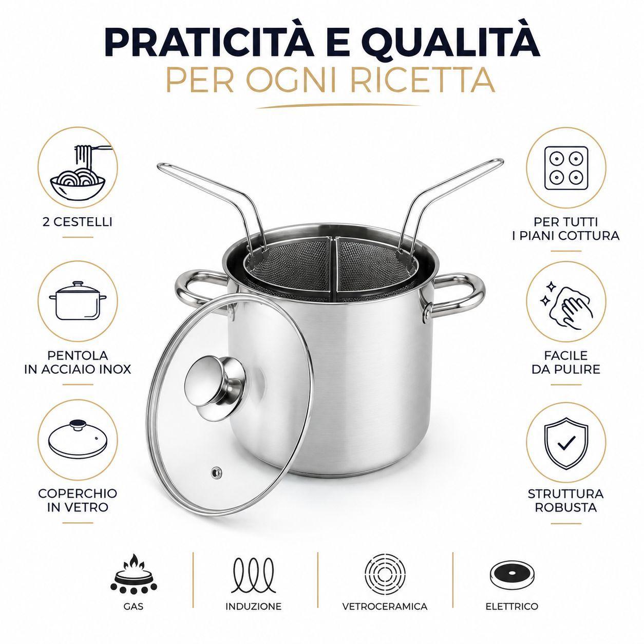  pentola in acciaio inox con 2 cestelli semicircolari e coperchio in vetro  cuocipasta scolapasta 20/24/28 cm - foto 3