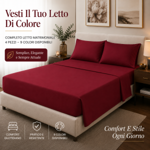 Completo letto matrimoniale microfibra tinta unita set 4 pezzi con lenzuolo sopra e sotto con angoli e 2 federe