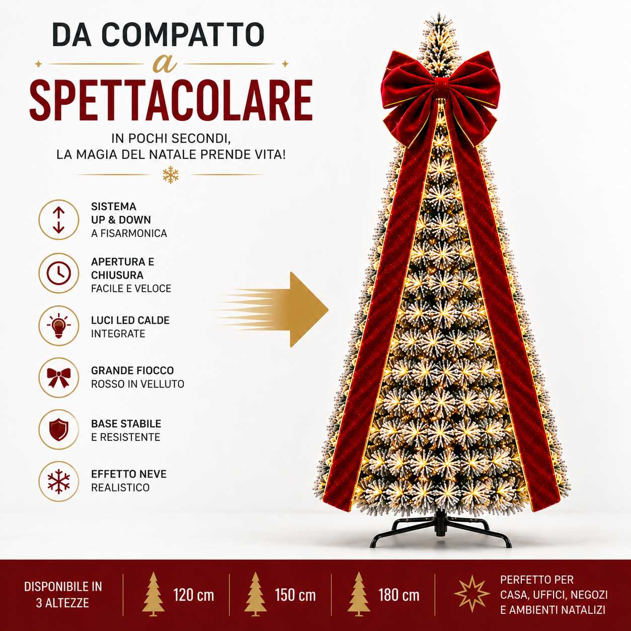  albero di natale  telescopico up e down con luci led e grande fiocco rosso - foto 4
