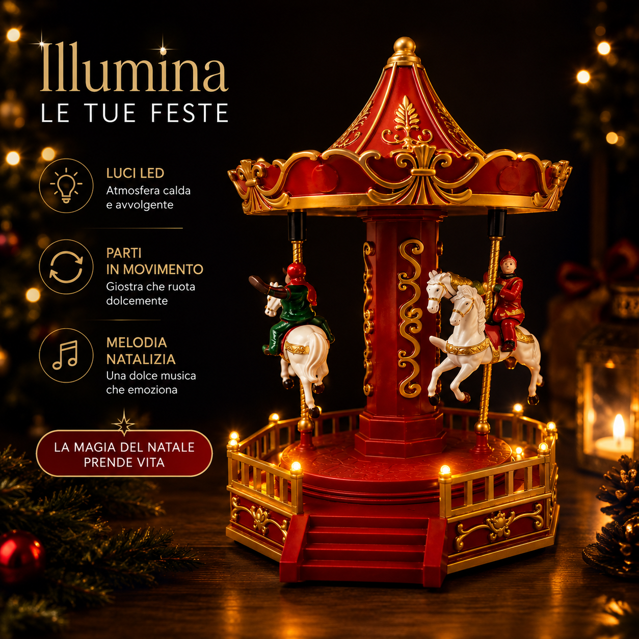 piccola giostra natalizia carosello con cavalli in movimento luci led e melodia decorazione di natale 19,5 cm - foto 2 piccola giostra natalizia carosello con cavalli in movimento luci led e melodia decorazione di natale 19,5 cm - foto 2