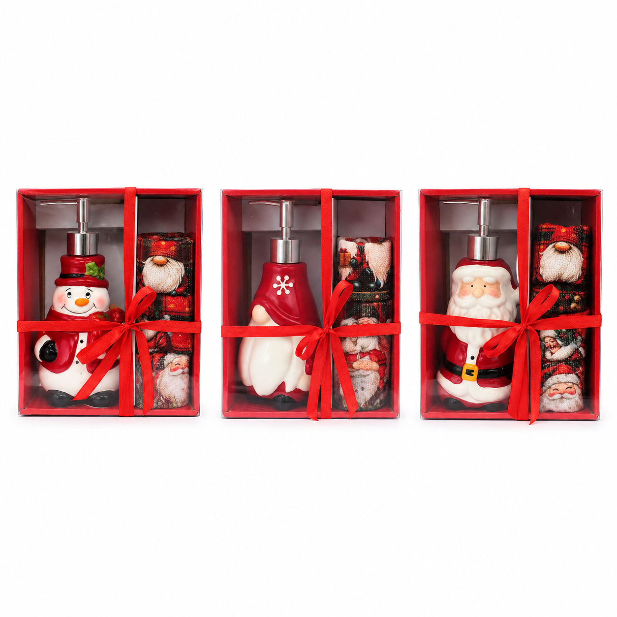 set regalo natalizio dispenser sapone con 3 asciugamani decorativi varianti babbo natale pupazzo di neve e gnomo - foto 1 set regalo natalizio dispenser sapone con 3 asciugamani decorativi varianti babbo natale pupazzo di neve e gnomo - foto 1