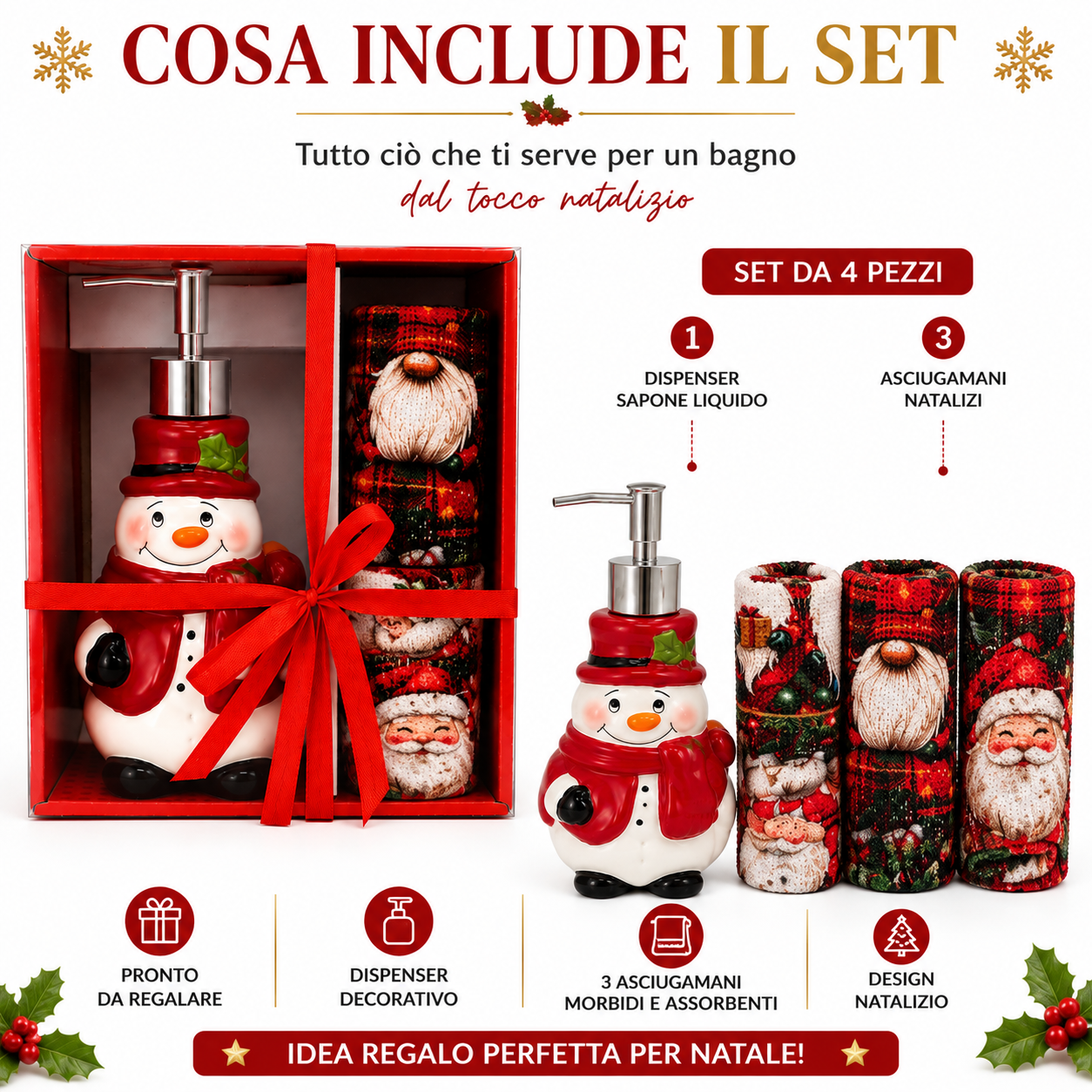 set regalo natalizio dispenser sapone con 3 asciugamani decorativi varianti babbo natale pupazzo di neve e gnomo - foto 4 set regalo natalizio dispenser sapone con 3 asciugamani decorativi varianti babbo natale pupazzo di neve e gnomo - foto 4
